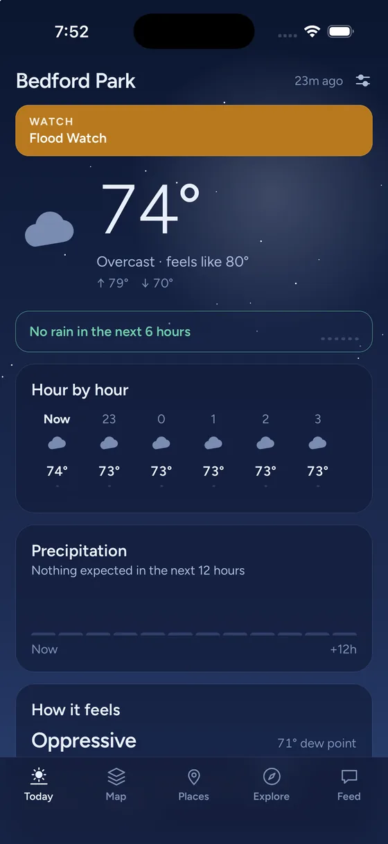 The Today screen: Bedford Park at 74 degrees, a flood watch pinned at the top, and hour-by-hour detail below