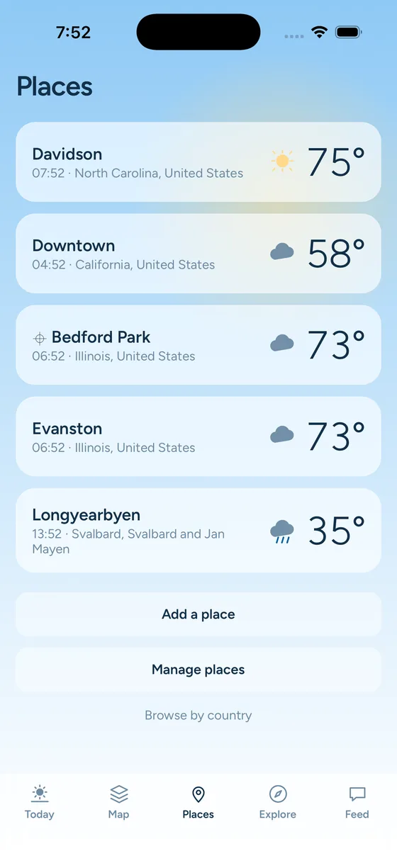 The Places screen comparing saved cities side by side