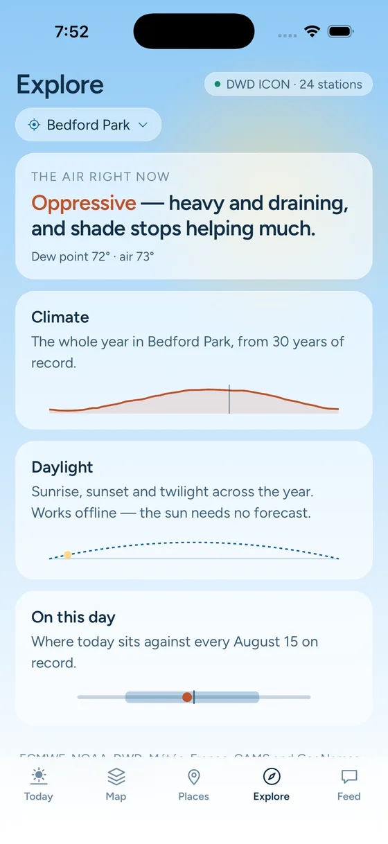 The Explore screen with air quality, pollen and UV beside the forecast